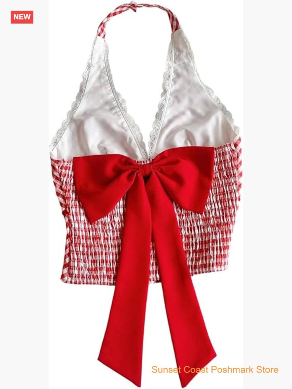 Gingham Checkered Halter Crop Tank Top with Lace Trim Deep V Neck Bowknot